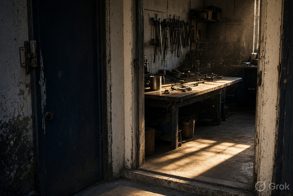 A workshop doorway half open — talent present, structural confidence and networks still gated.