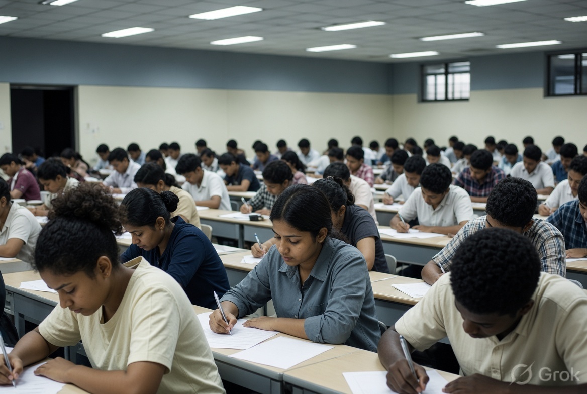 Young people in a high-pressure exam hall — the exhaustive merit race.